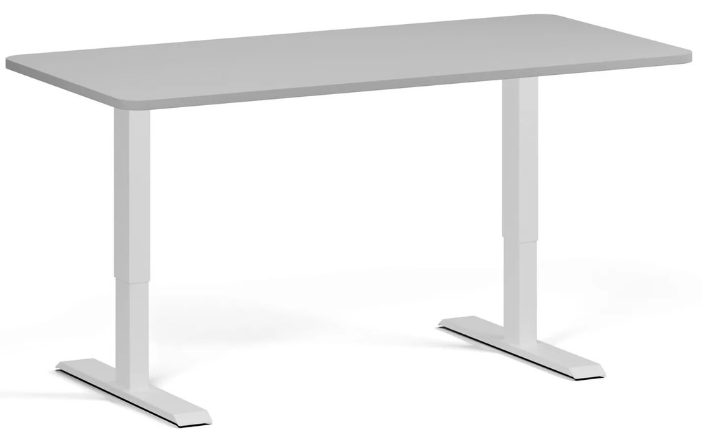 Výškovo nastaviteľný stôl, 160x80 cm, 1 motor, zaoblené rohy, biela podnož, sivá