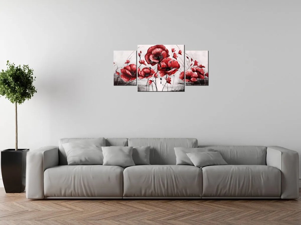 Gario Obraz s hodinami Červené Vlčie maky - 3 dielny Rozmery: 80 x 40 cm