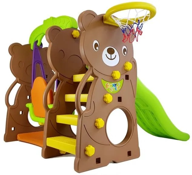 LEAN TOYS Záhradná súprava šmýkačka, hojdačka, kôš medveď hnedý