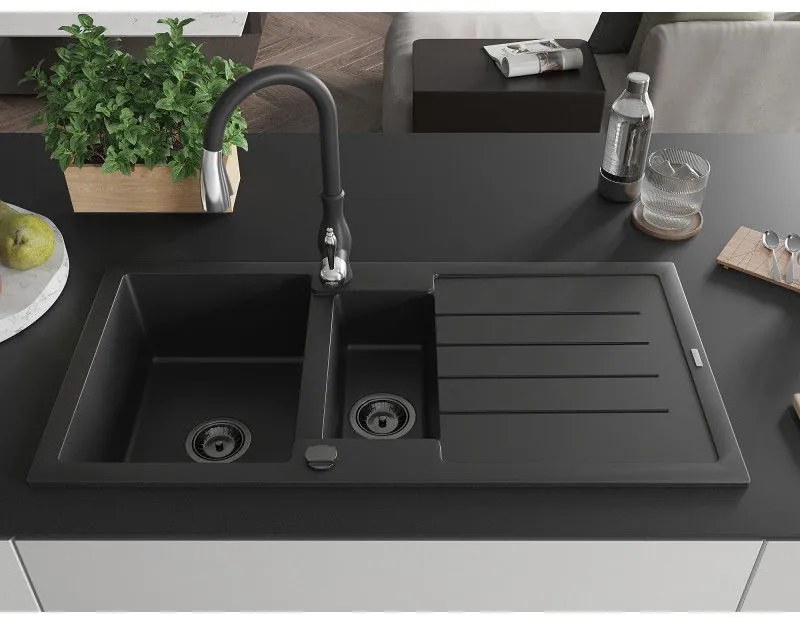 Mexen Andres, 1,5-komorový granitový drez 1000x500x200 mm a drezová batéria Savita, čierna, 6515-77-672601-70-B
