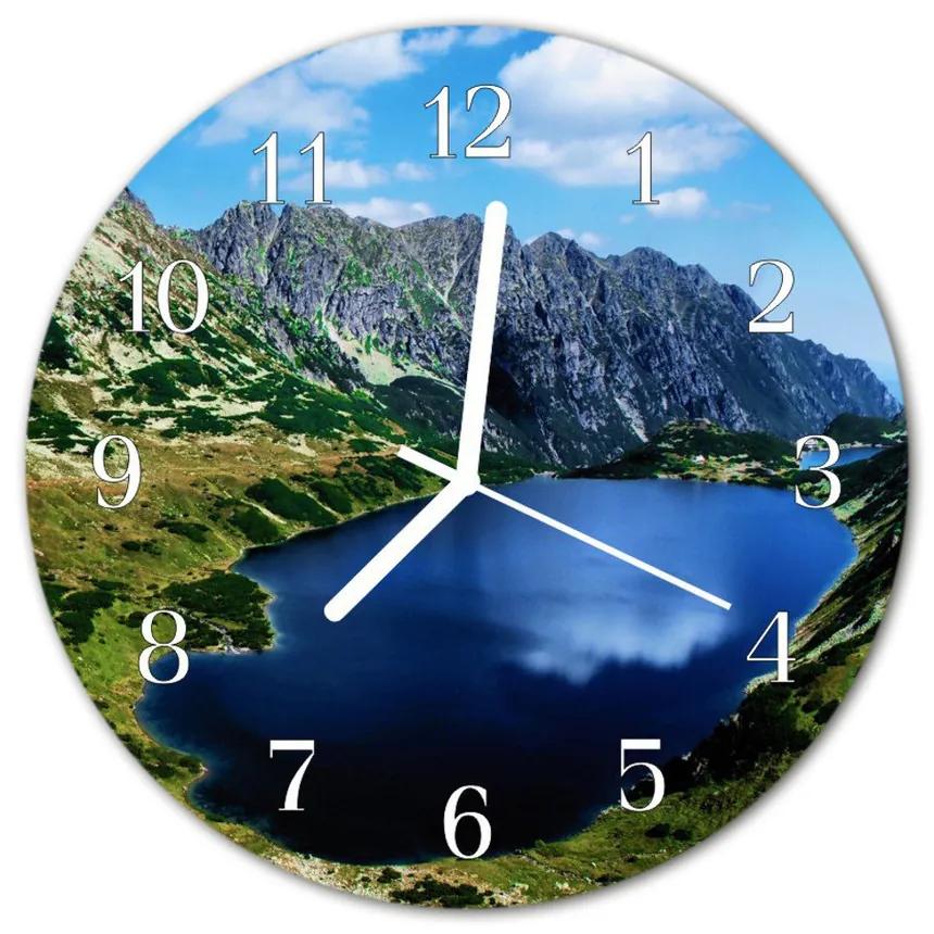 Nástenné sklenené hodiny Jazero hory fi 30 cm