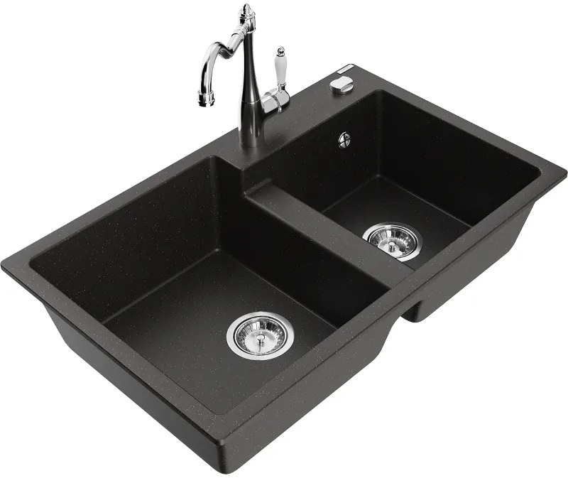 Mexen Tomas, granitový drez 800x500x190 mm, 2-komorový a drezová batéria Carla, čierna-zlatá metalíza, 6516-75-670700-00