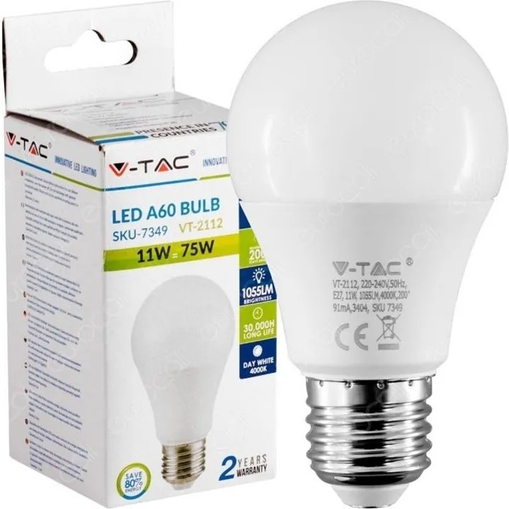 V-TAC LED žiarovka E27 A60 11W studená biela