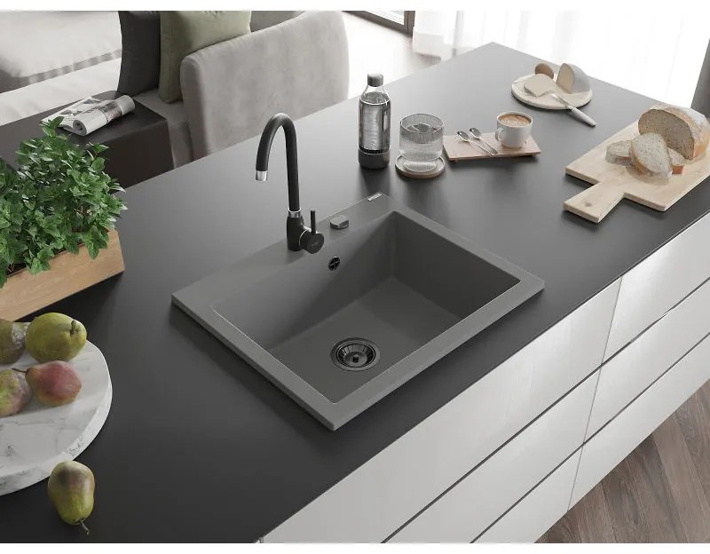Mexen Elix, 1-komorový granitový drez 600 x 500 mm, sivý, čierny sifón - 6525601005-71-B
