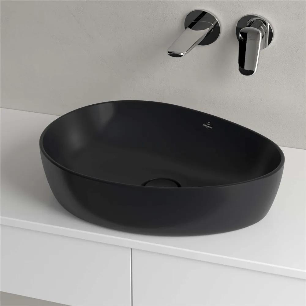 VILLEROY &amp; BOCH Antao asymetrické umývadlo na dosku bez otvoru, bez prepadu, 510 x 400 mm, Pure Black, s povrchom CeramicPlus, 4A7351R7