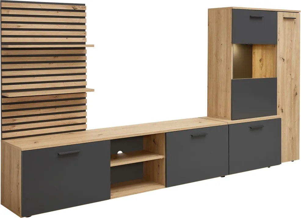 Obývacia  stena Heathrow, dub artisan/antracit, s osvetlením