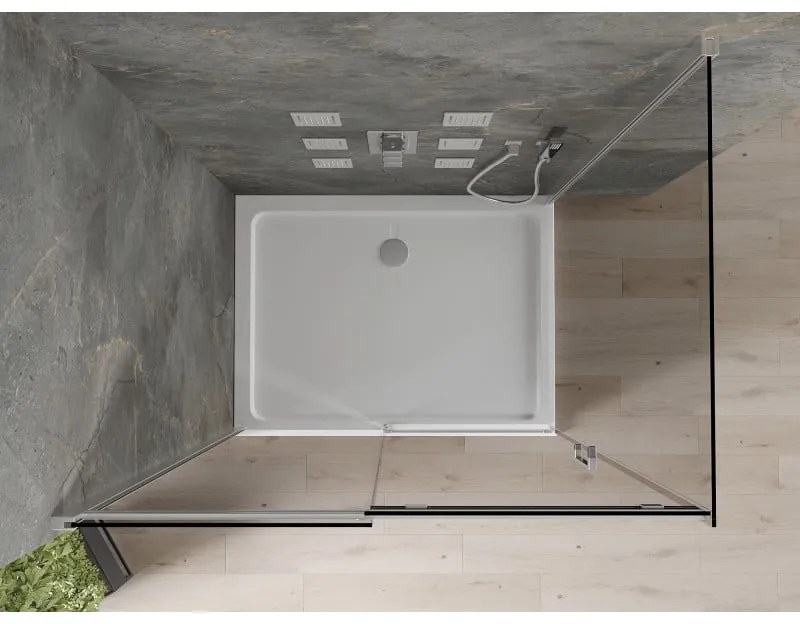 Mexen Omega, sprchový kút s posuvnými dverami 140 (dvere) x 100 (stena) cm, 8mm šedé sklo, chrómový profil + slim sprchová vanička biela + chrómový sifón, 825-140-100-01-40-4010