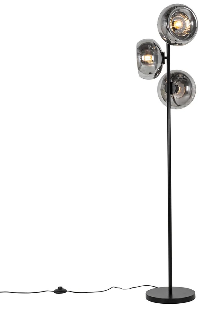 Stojaca lampa v štýle Art Deco čierna s dymovým sklom 3-svetlo - Ayesha