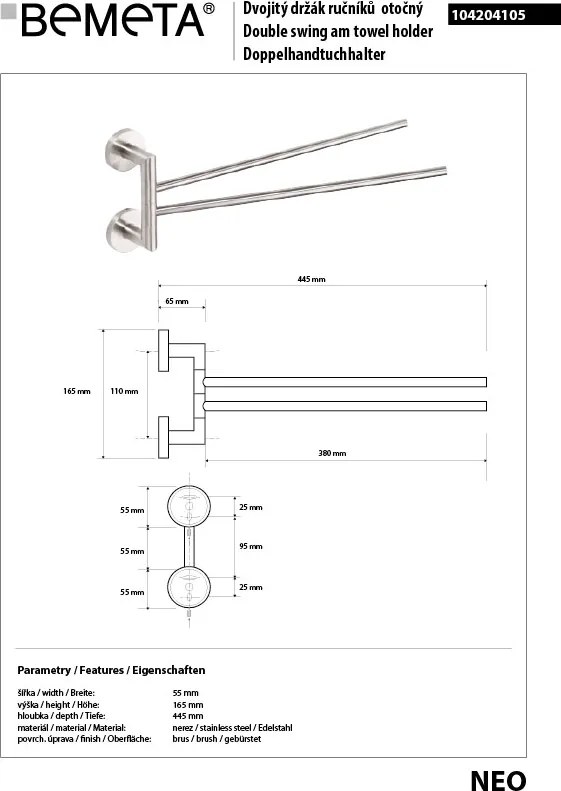 Bemeta Design NEO: Držiak uterákov, 445 mm, dvojitý, otočný - 104204105