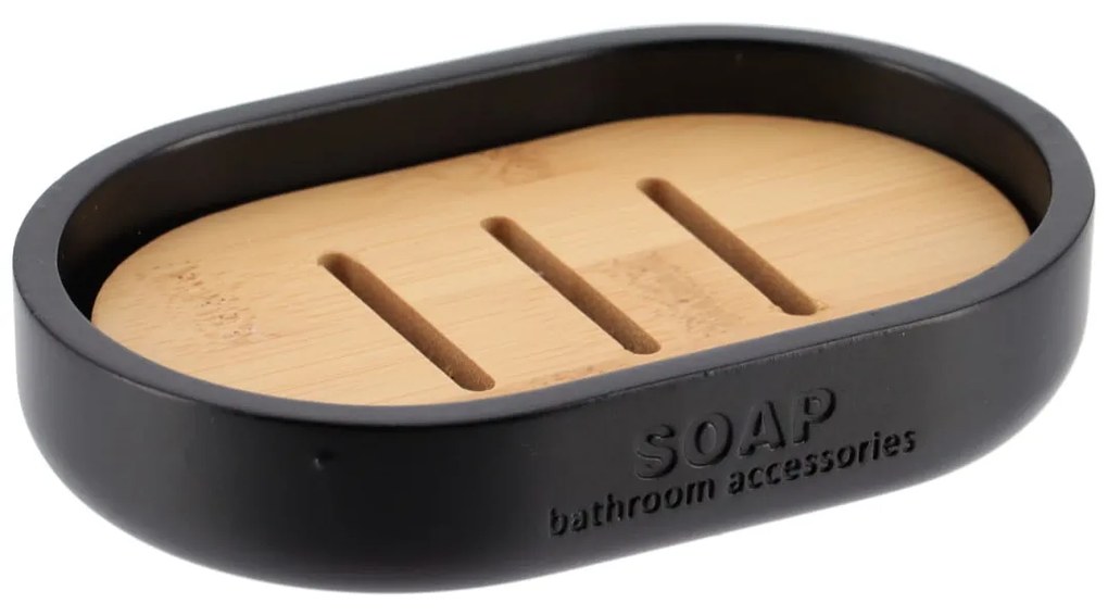 Miska na mydlo Loudis, čierna/s drevenými prvkami