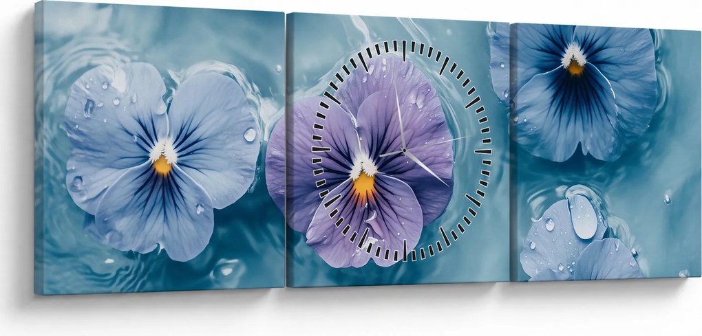 Obraz - Fialky vo vode (s hodinami) (90x30 cm)