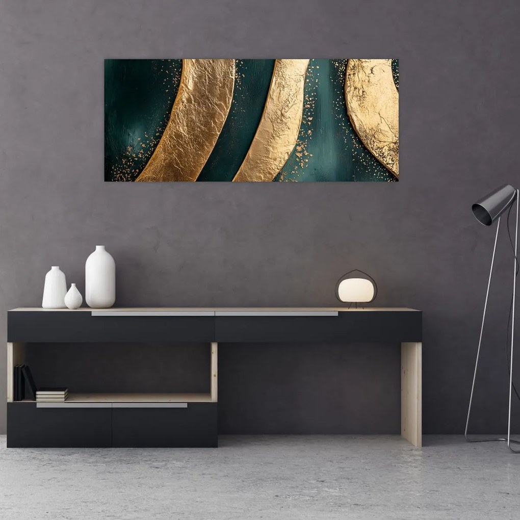 Obraz - Zelená abstrakcia so zlatom I. (120x50 cm)