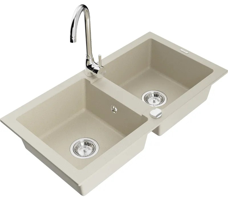 Mexen Mario, 2-komorový granitový drez 820x436x161 mm a chrómová drezová batéria Telma, béžová, 6504-69-670200-00