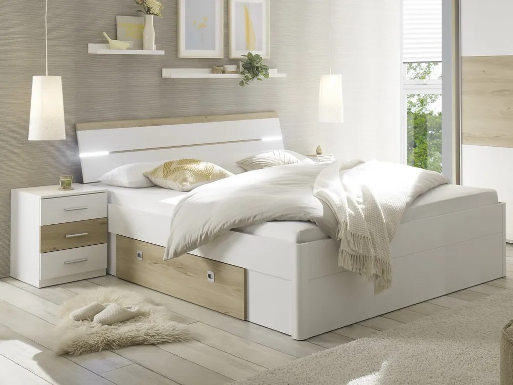 Posteľ s nočnými stolíkmi Kiara 180x200 cm, biela/dub baysen