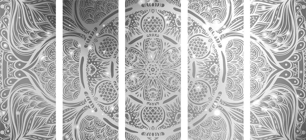 5-dielny obraz indická Mandala s galaktickým pozadím v čiernobielom prevedení - 200x100