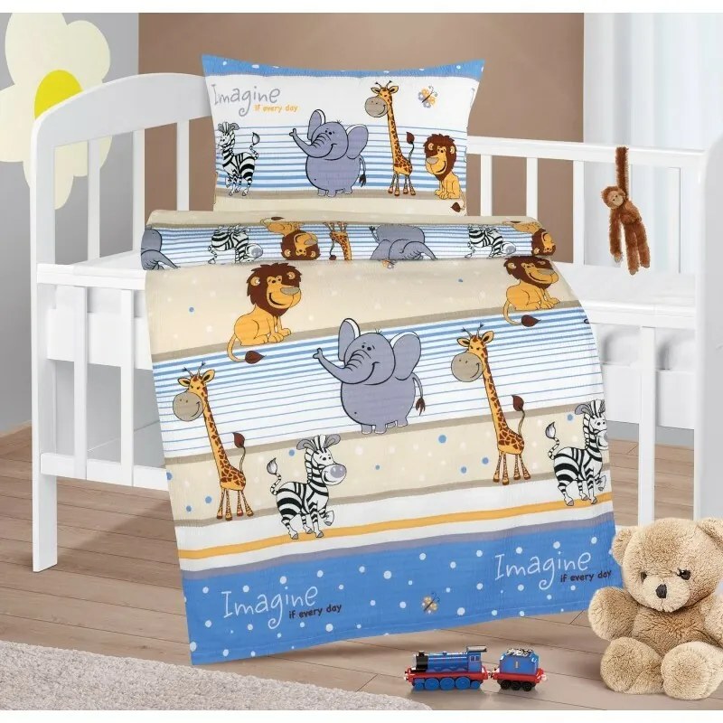 Bellatex Detské krepové obliečky do postieľky Safari modrá, 90 x 135 cm, 45 x 60 cm
