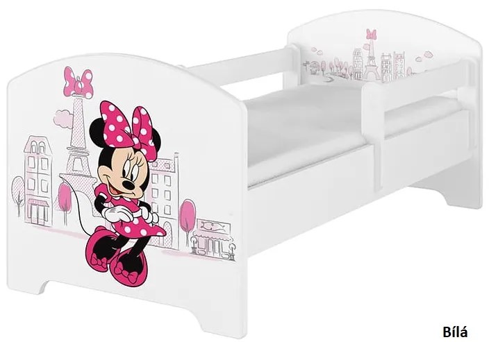 Detská posteľ Disney so šuplíkom - MYŠKA MINNIE PARIS 140x70 cm BIELA - 1 krátka + 1 dlhá zábrana