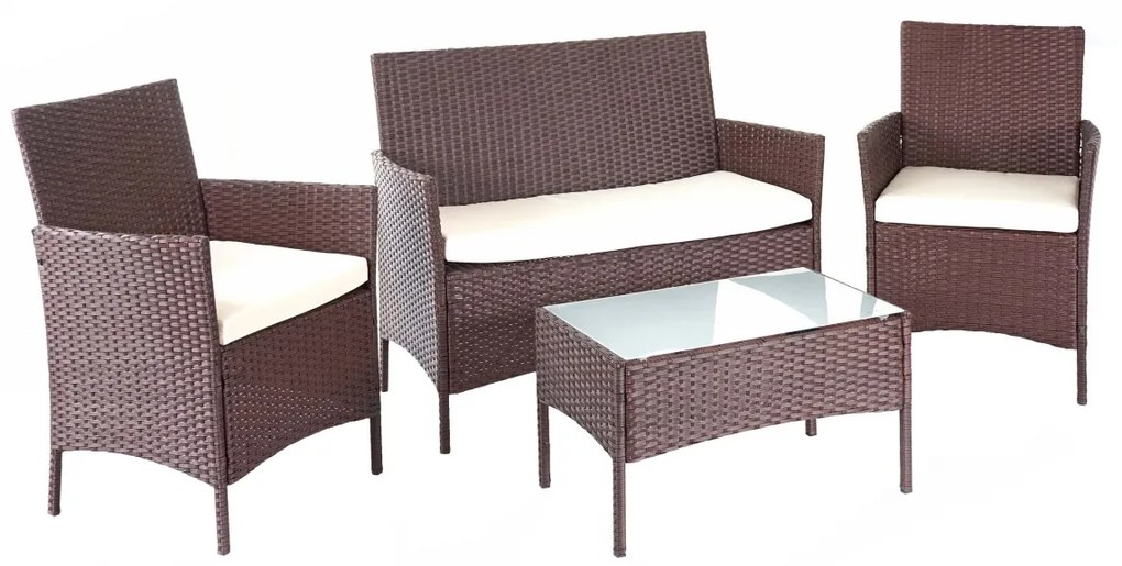 Záhradná súprava 2 kresiel, pohovky a stolíka HWC-D82 - melírovaná hnedá s krémovými vankúšmi