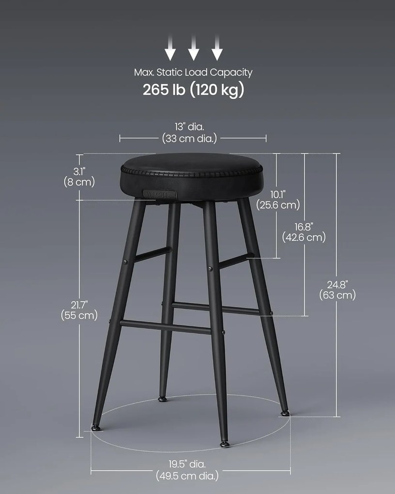 Sada 2 ks barových stoličiek, syntetická koža s prešívaním, čierne
