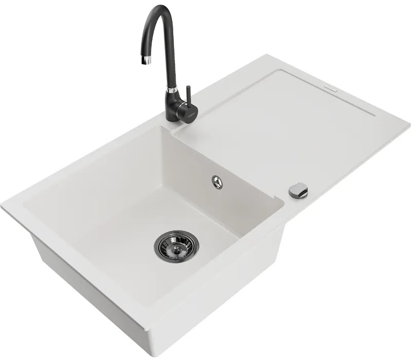 Mexen Leo, drez granitový 900x500x190 mm, 1-komorový a čierna batéria Telma, biela, 6501-20-670200-70