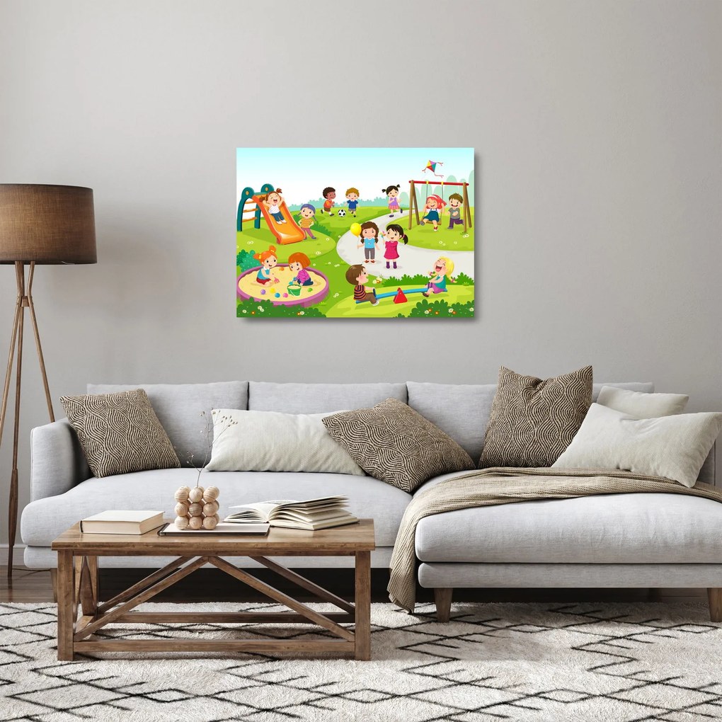 Sklenený obraz detských radovánok na pieskovisku (70x50 cm)