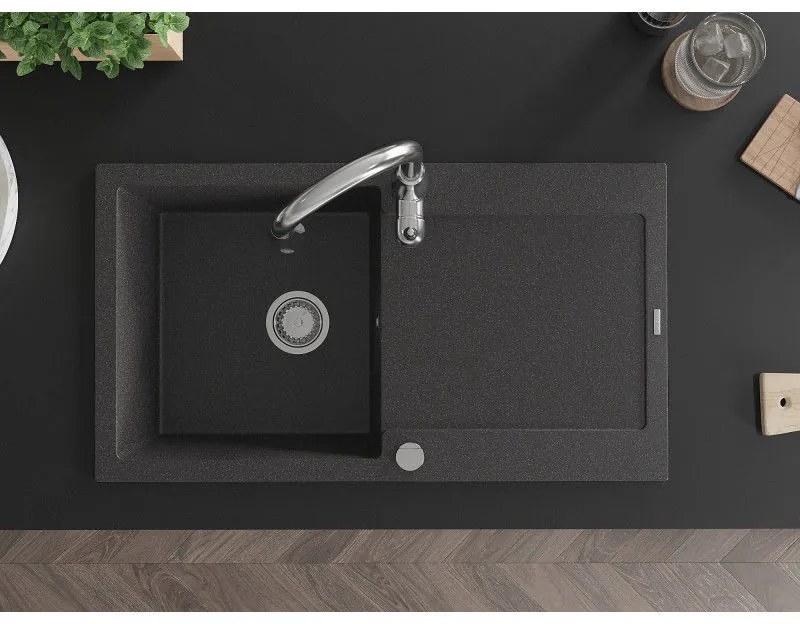 Mexen Leo, 1-komorový granitový drez 900x500x190 mm a drezová batéria Savita, čierna škvrtnitá, 6501-76-672601-00