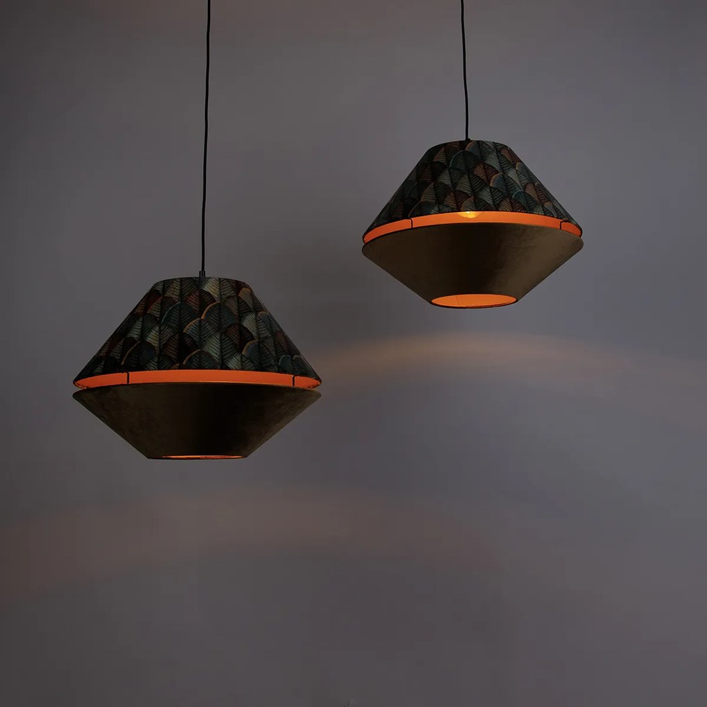 Závesná lampa čierna s dvojitým zamatovým tienidlom s dizajnom listov a béžovou farbou 2-svetlá - Cava Luxe