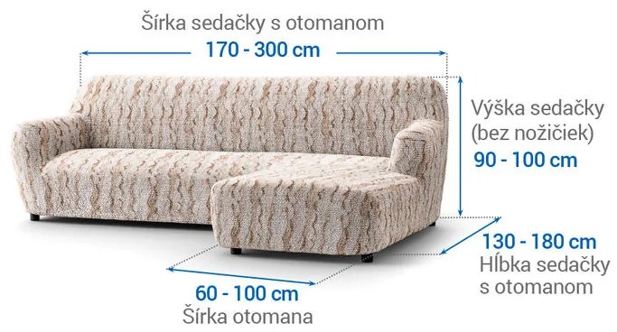 Bielastické poťahy OCEANO NOVÉ béžové sedačka s otomanem vpravo (š. 170 - 300 cm)