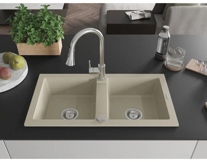 Mexen Mario, 2-komorový granitový drez 820x436x161 mm a drezová batéria Elia, béžová, 6504-69-670101-00