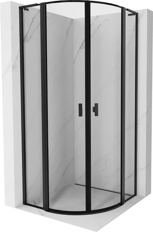 Mexen Mist L, štvrťkruhový sprchový kút s 2-krídlovými dverami, 90 x 90 cm, 8mm číre sklo, čierny profil, 8A32L-090-090-70-70