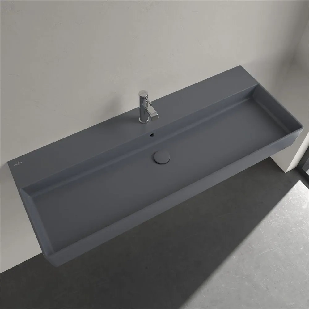 VILLEROY &amp; BOCH Memento 2.0 závesné umývadlo s otvorom (spodná strana brúsená), s prepadom, 1200 x 470 mm, Graphite, s povrchom CeramicPlus, 4A22CLI4