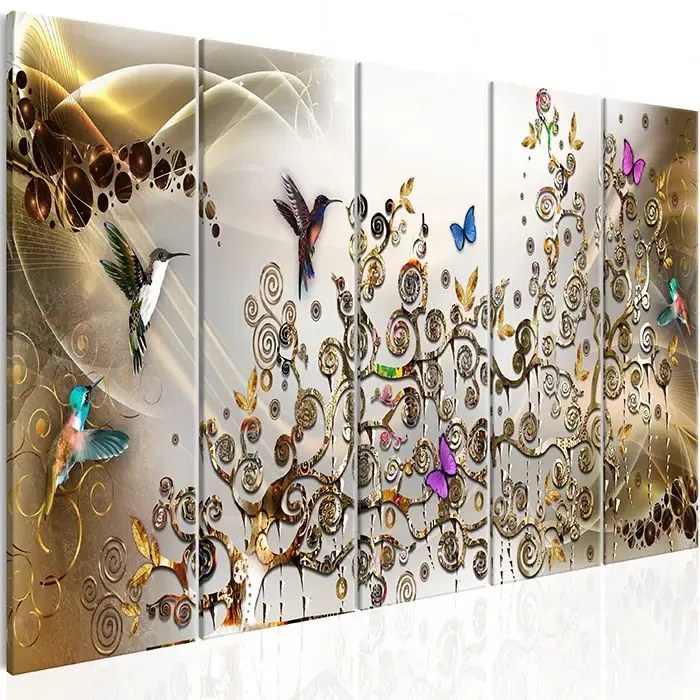 Obraz - Hummingbirds Dance (5 Parts) Gold Narrow Veľkosť: 225x90, Verzia: Premium Print