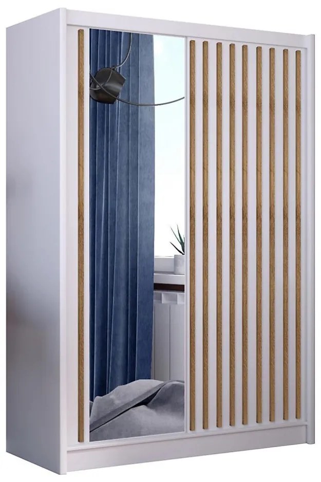 Šatníková skriňa so zrkadlom SANTINO 150x215 cm biela/dub craft