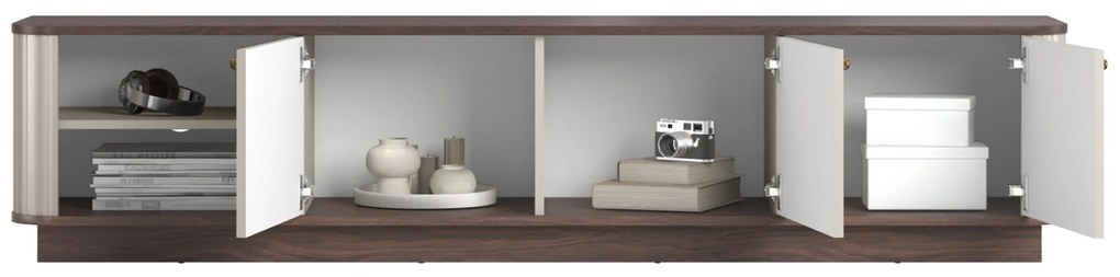 TV skrinka Vesper 3D 187 cm na sokli - kašmír / orech / zlaté úchytky