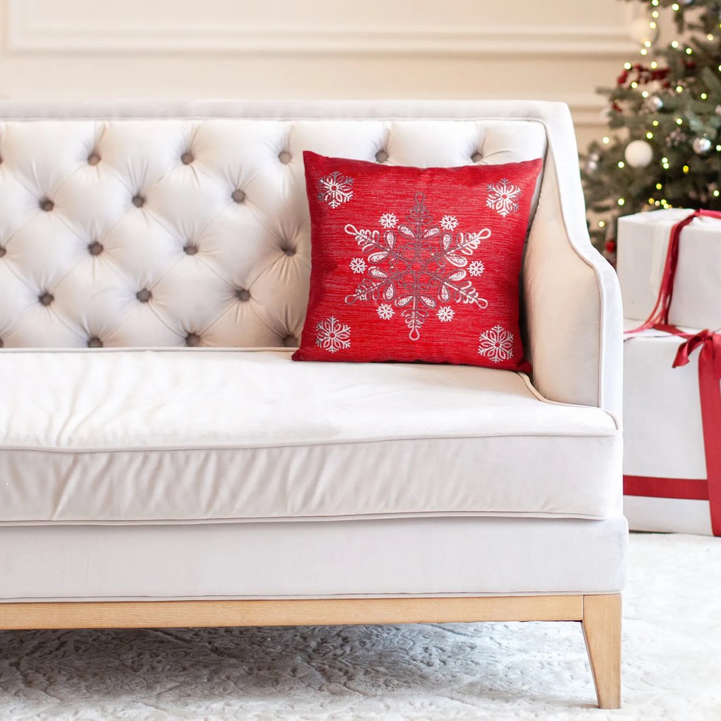 VIANOČNÁ DEKORAČNÁ OBLIEČKA NA VANKÚŠ SNOWFLAKE 45X45 CM ČERVENÁ