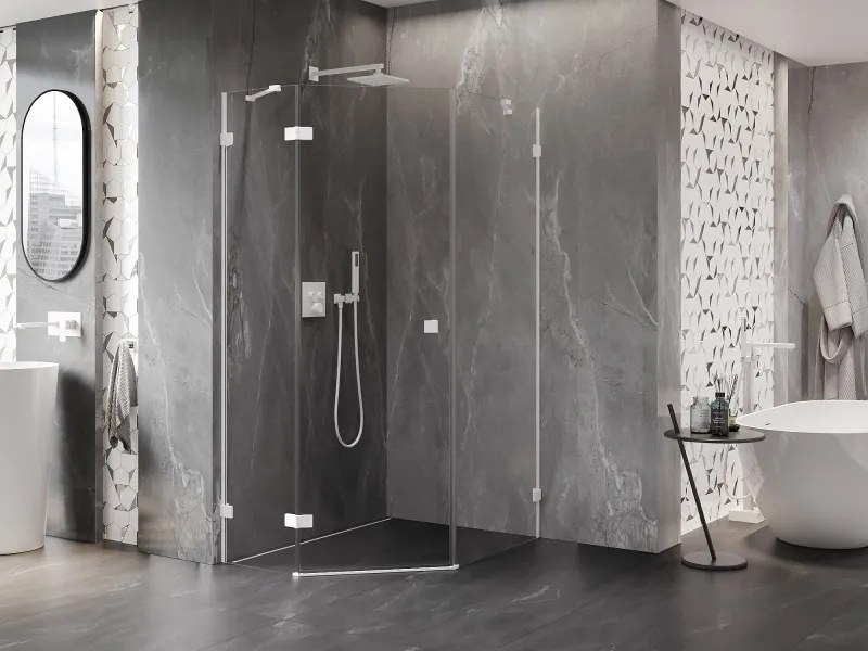 Mexen Lunar, Päťuholníkový sprchový kút Mexen Lunar s výklopným ľavým oknom 90 x 100 cm, 8mm číre sklo, biely profil, 831-090L-100P-01-20-L