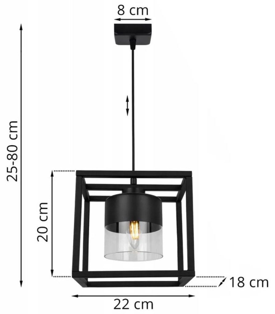 Závesné svietidlo ROMA CAGE, 1x čierne/transparentné sklenené tienidlo v kovovom ráme