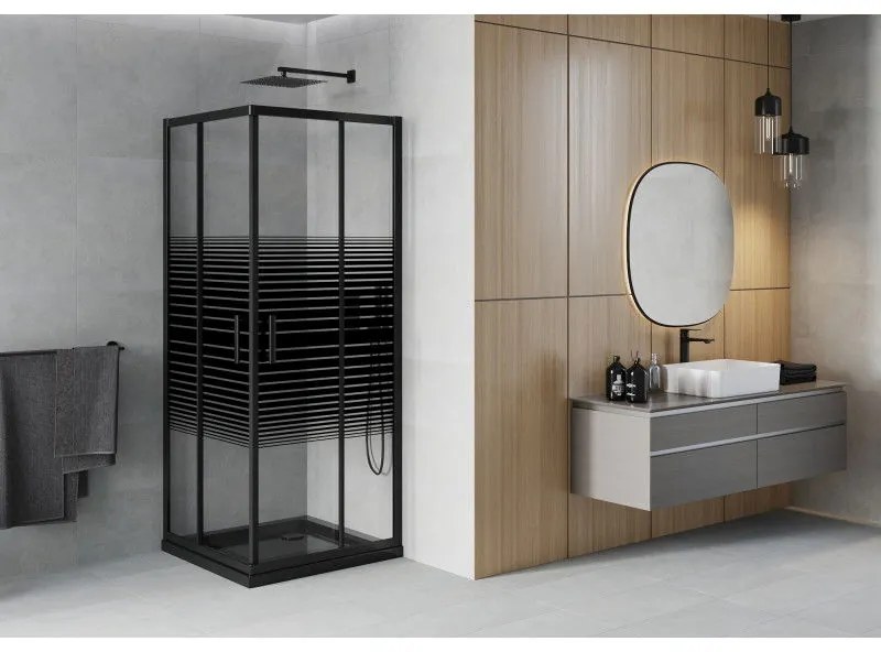 Mexen Rio, štvorcový sprchovací kút s posuvnými dverami 90(dvere) x 90(dvere) x 190 cm, 6mm číre sklo s pásikmi, čierny profil + čierna sprchová vanička SLIM, 860-090-090-70-20-4070B