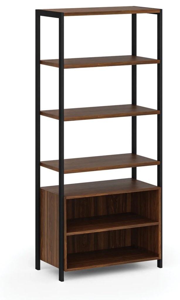 Policová stena HOME OFFICE s policovou skrinkou, čierna/orech