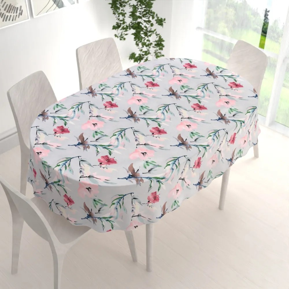 Biante Dekoračný oválny obrus PM-110 Akvarelové ružové kvety na svetlo sivom 50x100 cm
