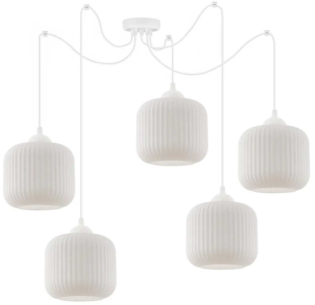 Závesné svietidlo Riffle Spider, 5x biele sklenené tienidlo, w