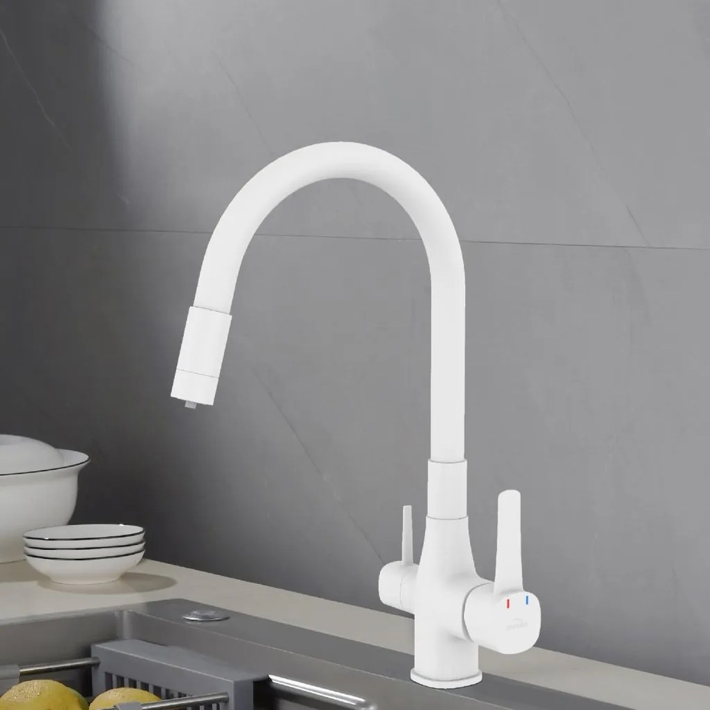 Invena Magic, stojanková drezová batéria s flexibilným ramenom a filtrom na pitnú vodu, biela matná, INV-BZ-02-F02-V