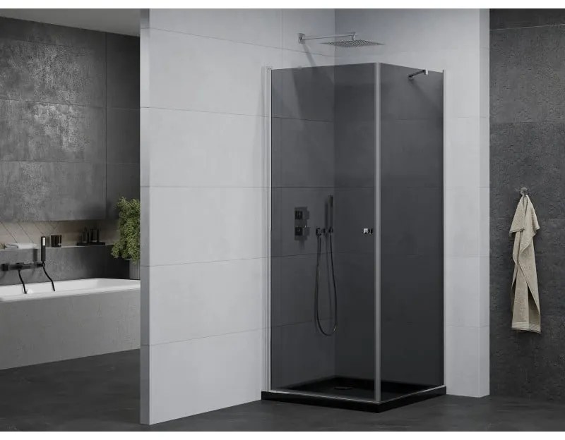 Mexen Pretoria, sprchovací kút 100 (dvere) x 100 (stena) cm, 6mm šedé sklo, chrómový profil + čierna sprchová vanička, 852-100-100-01-40-4070