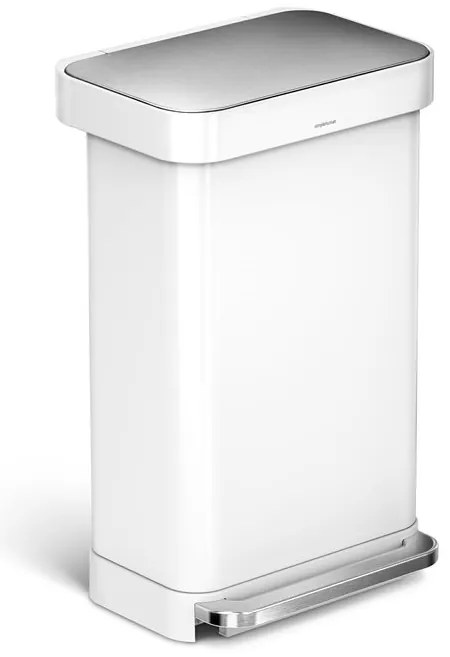 Obdĺžnikový pedálový kôš 45 l, biela oceľ, priehradka na vrecká, biela
