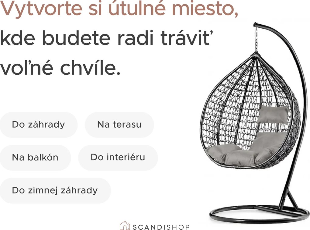 Čierne závesné kreslo KOKON bez stojana, bielo-sivý vankúš