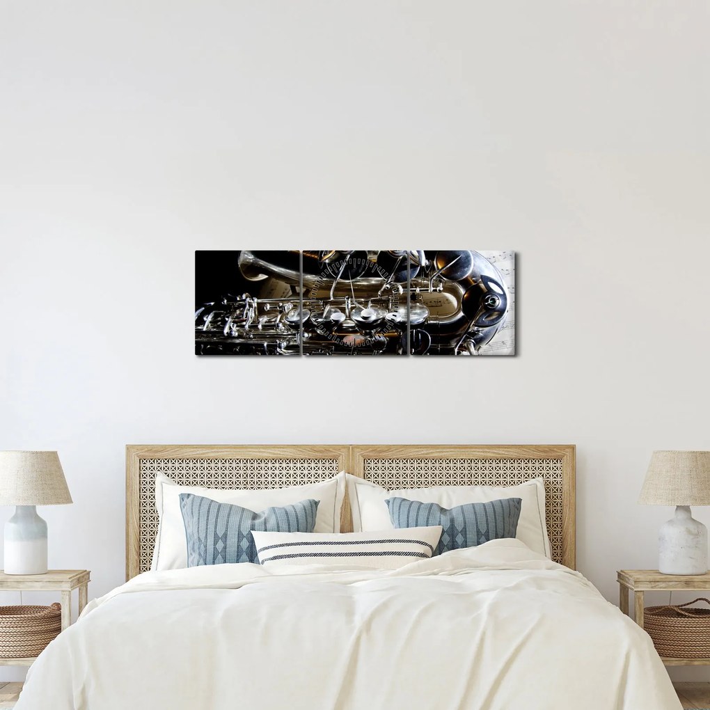 Obraz - Saxofón (s hodinami) (90x30 cm)
