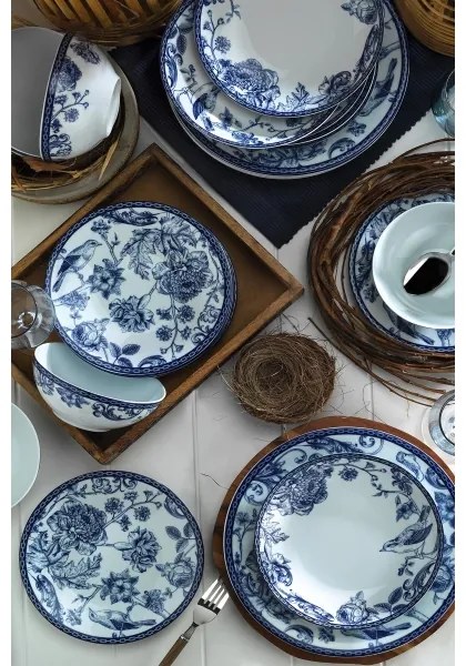 24-dielna jedálenská súprava, biela/modrá, porcelán