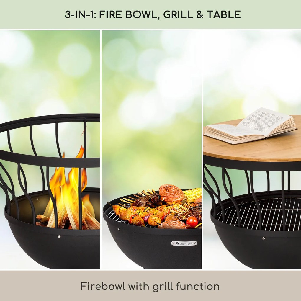 Blumfeldt Nantai, ohnisko s grilom a stolom 3 v 1, Ø 66 cm, grilovací rošt Ø 50 cm, oceľ, bambusová doska