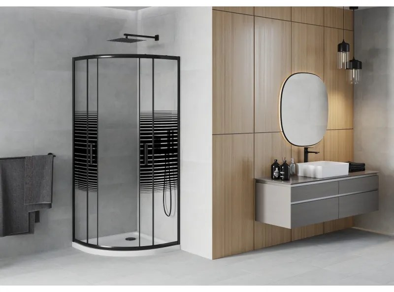 Mexen Rio, štvrťkruhový sprchovací kút s posuvnými dverami 90(dvere) x 90(dvere) x 190 cm, 6mm číre sklo s pásikmi, čierny profil + biela sprchová vanička Slim, 863-090-090-70-20-4110B