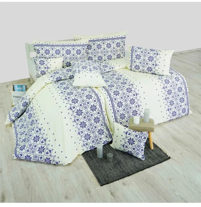 Obliečky bavlnené Etno krémovo-modré EMI, Štandardný set jednolôžko obsahuje 1x 140x200 + 1x 70x90